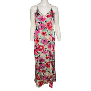 Chetta B Floral Halter Maxi Dress Small Pink Green Wedding Guest Lined